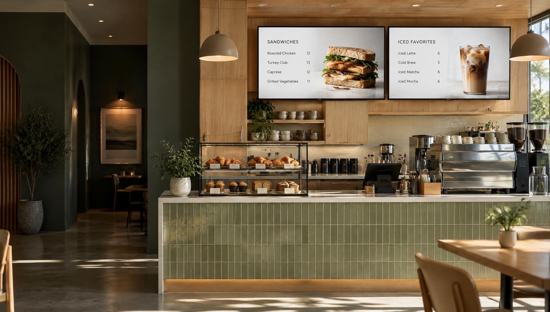 Two digital menu screens in a café